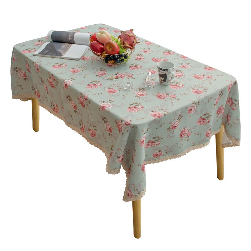 YEESSION Floral Print Rectangle Tablecloth 60 x 84 Inch Stain Resistant and Waterproof Wine Table Cover for Kitchen Dining Indoor Outdoor Buffet Tabletop Decoration (Light Green) - Image 1